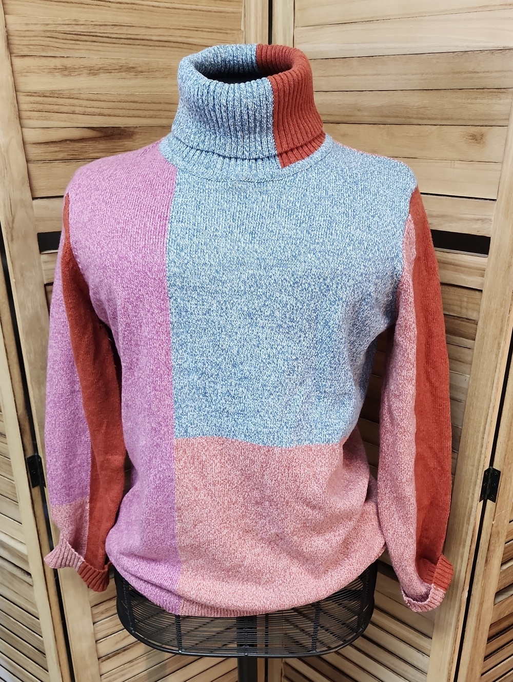 Sundance Colorblock Knit Sweater Tunic Pink Coral Blue Size L